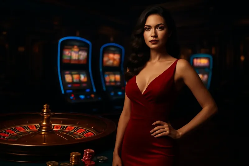 Elegant woman in red dress standing by roulette and slot machines in luxury Bangladesh casino with neon lights and gold coins