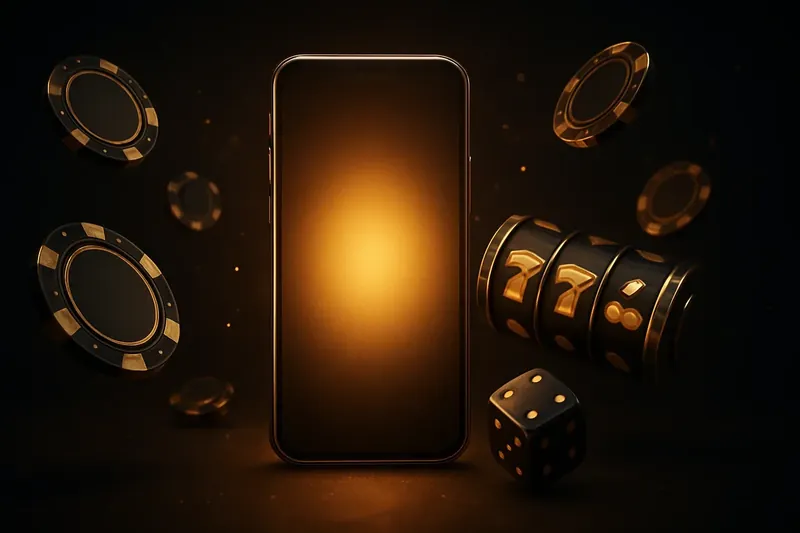Glowing smartphone with casino chips, slot reels, and dice on dark gold background